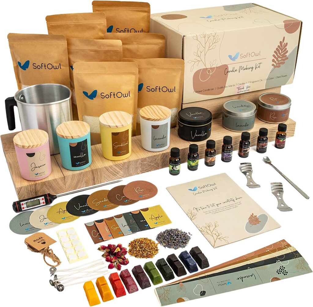 SoftOwl Premium Soy Candle Making Kit - Full Set - Soy Wax, Big 7oz Jars & Tins, 7 Pleasant Scents, Color Dyes & More - Perfect as Home Decorations